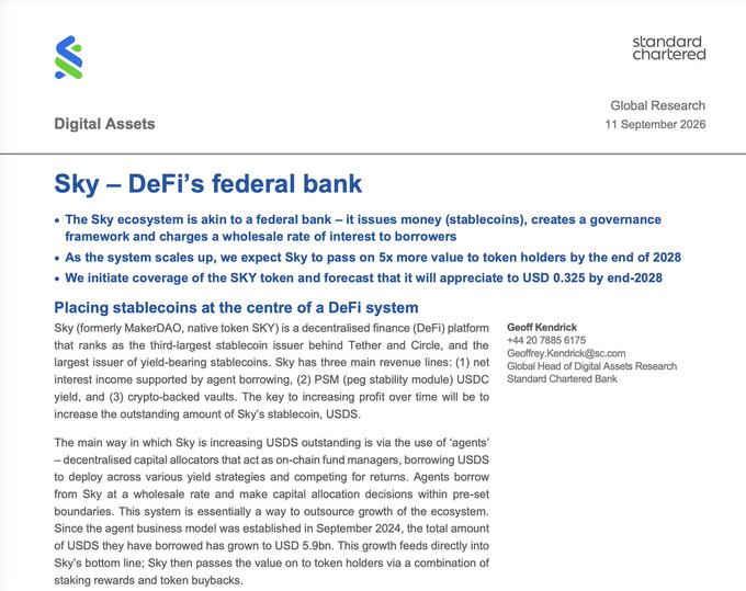 A Standard Chartered Global Research report titled 'Sky – DeFi's federal bank' dated 11 September 2026, authored by Geoff Kendrick, discussing the Sky (formerly MakerDAO) DeFi ecosystem, USDS stablecoin, and forecasting the SKY token will appreciate to USD 0.325 by end-2028.