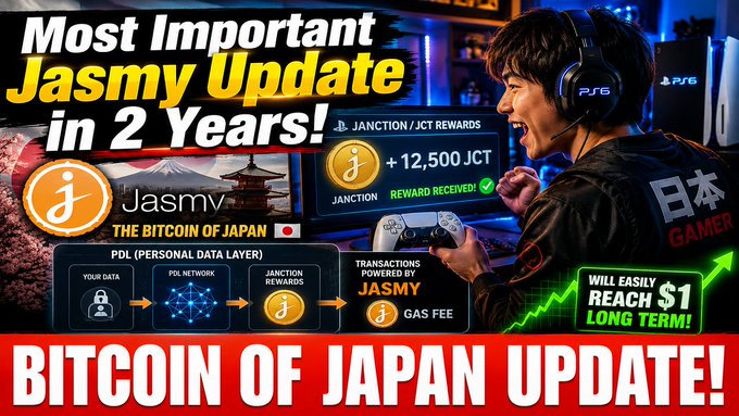 A YouTube thumbnail titled 'Most Important Jasmy Update in 2 Years!' featuring a Japanese gamer wearing a PS6 headset, with text claiming 'BITCOIN OF JAPAN UPDATE!' and noting that the token will 'easily reach $1 long term.'