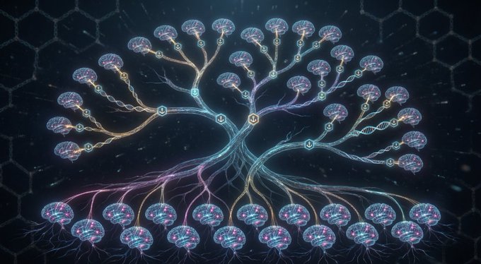 A glowing, symmetrical tree of digital brains with neural connections and DNA helix links represents the autonomous evolutionary system described, where the central hub ("M") signifies the master coordinator spawning and breeding the fittest agents (ranked by realized PnL) shown as branching nodes, visually mirroring how the GitHub code at commit 12e55d4 propagates next-generation trading agents from the most successful predecessors across the honeycomb network background.