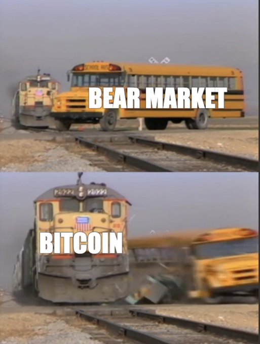 A two-panel meme showing a school bus being hit by a train; the top panel is labeled 'BEAR MARKET' and the bottom panel is labeled 'BITCOIN', depicting a severe crash.