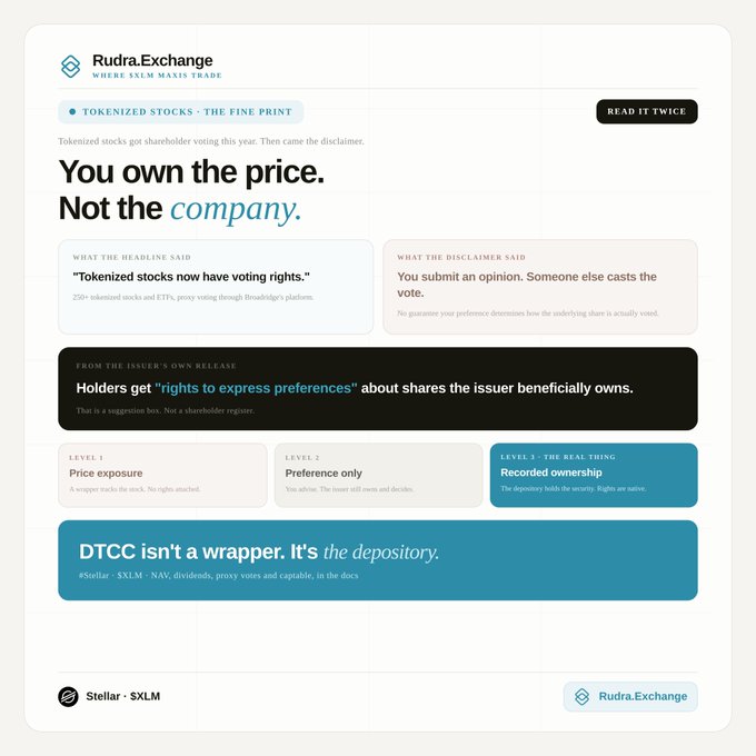 Infographic from Rudra.Exchange titled 'You own the price. Not the company,' explaining that tokenized stocks give holders 'rights to express preferences' rather than shareholder voting rights, built on Stellar SXLM.