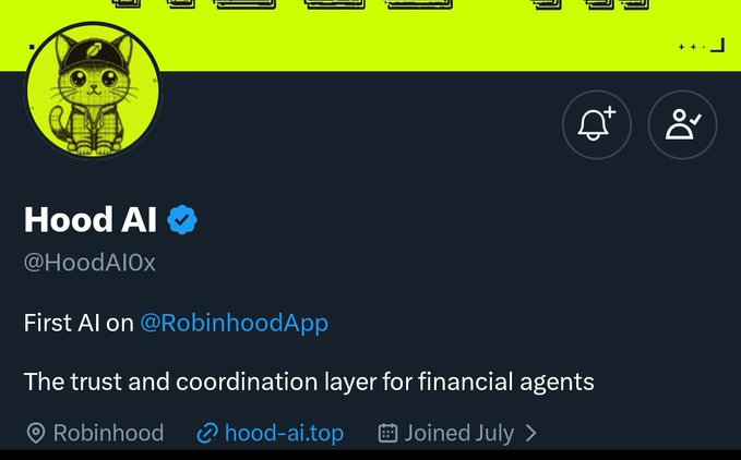 A Twitter/X profile screenshot of "Hood AI" (@HoodAI0x), verified and self-described as "First AI on @RobinhoodApp" and "The trust and coordination layer for financial agents," based in Robinhood and joined in July. The accompanying post references Hood AI as an NFT project offering free allocations tied to Robinhood's new agentic trading infrastructure, aligning with the profile's branding as a financial AI agent.