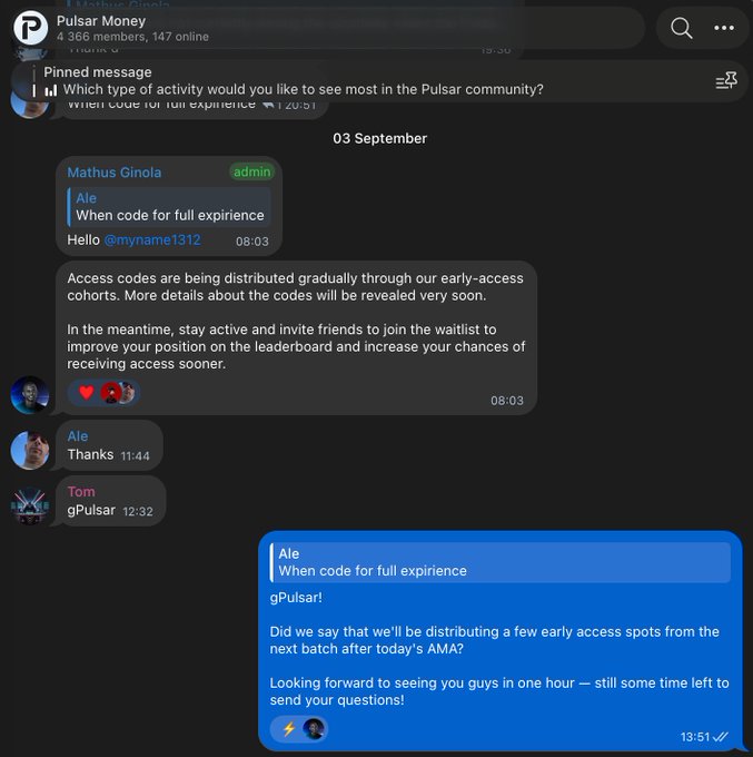 A Telegram group chat screenshot showing the Pulsar Money community (4,366 members) where admin Mathus Ginola greets new member Ale and announces that early access codes will be distributed gradually, with a blue message box asking about AMA timing. The image supports the post by showing the actual Telegram chat where the team is engaging with members about early access distribution and the upcoming AMA.