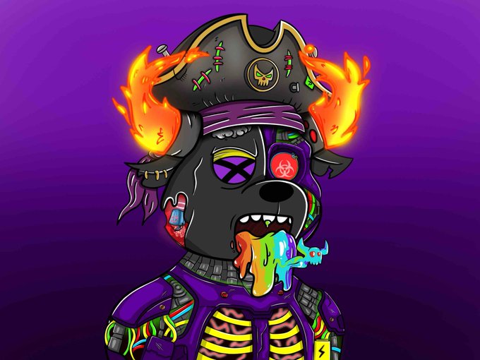 A digital illustration of a stylized, cyberpunk pirate dog character wearing a captain's hat with flames, an eye patch, and a colorful skeleton suit, with rainbow liquid dripping from its mouth against a purple background.