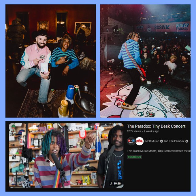 A collage showing The Paradox: top left, the duo posing together indoors; top right, performing on stage at SXSW's Pudgy Penguins event; and bottom, a still from their NPR Tiny Desk Concert (207K views, 2 weeks ago), titled "The Paradox: Tiny Desk Concert" by NPR Music. The images visually reinforce the post's highlight of the band's milestone journey from Pudgy Rodeo at SXSW to a feature on one of music's most respected platforms.