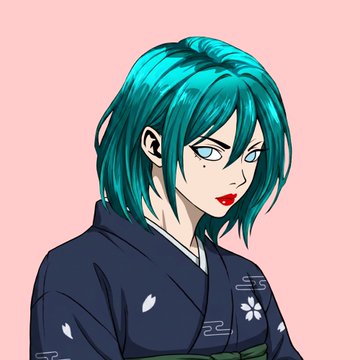 An anime-style illustration of a character with teal hair, blue eyes, and red lipstick, wearing a dark blue kimono with white floral patterns against a pink background.