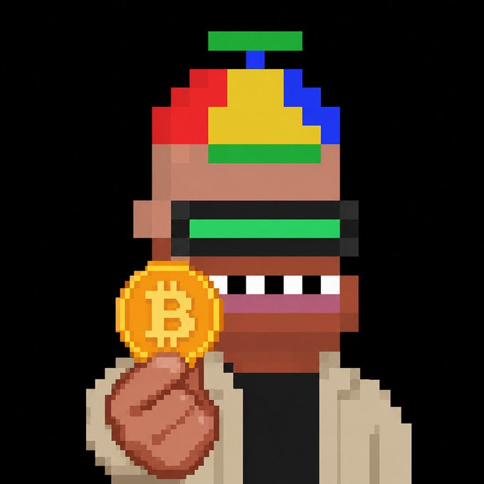 A pixel art image of a character wearing a colorful beanie, green digital visor, and holding a Bitcoin coin against a black background.