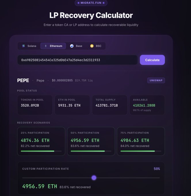 "Took me 20 minutes to create a Migration Calculator inside of Emblem Build. -SOL -ETH -Base -BNB input any CA and it'll show how much liquidity can be recovered. Then choose where you are migrating to (pump, Raydium, Meteora, Uniswap) and it'll calculate how much liquidity". Focus on what is in the image and how it relates to the post.