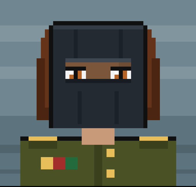 Pixel art character portrait of a dark-skinned figure with brown hair wearing a black balaclava/face mask and an olive green military-style jacket with yellow buttons and red/yellow/green insignia.