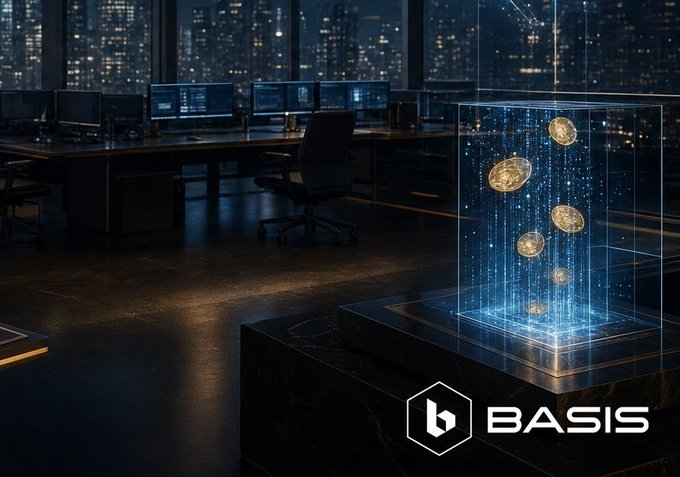 The image features an office setting with multiple desks, chairs, and monitors. There is also a large glass display case containing numerous coins that appear to be floating or glowing blue. The background of the image shows a city skyline at night, providing a contrast between the digital world depicted in the image and the physical environment surrounding it. The caption below the image reads: "I'VE BEEN RESEARCHING INNOVATIVE YIELD STRATEGIES IN CRYPTO, AND @basis__pro stands out with its focus on Real Yield generated through market arbitrage assets like $BTC $ETH $SOL and $PAXG".