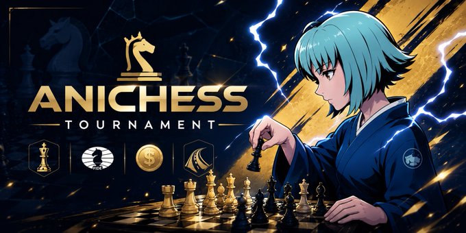 The image features an anime-style illustration of a girl playing a game of chess against a male opponent, with both players holding their respective pieces. The background of the image has a dark blue color scheme, which complements the overall theme of the post. The text in the image reads "Anichess Tournament" and "The @AnichessGame tournament is finally live". It also mentions that there's a 1M$CHECK prize pool on the line for the next 5 days, with FIDE being involved as well.
