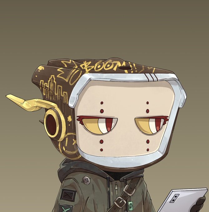 A chibi-style robot character with a boxy screen head displaying half-lidded yellow and red eyes stares down at a smartphone, wearing an olive jacket with patches and a brown beanie marked with gold graffiti-style text including "BOOM" and "2024," fitting the post's reveal of a new NFT PFP project by @OriginalBlokyz.