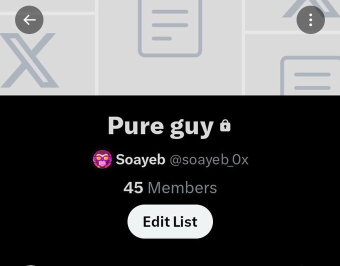 A screenshot of a Twitter/X list titled 'Pure guy 🔒' created by 'Soayeb @soayeb_0x' with 45 members and an 'Edit List' button.