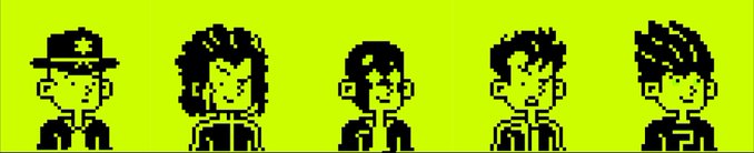 Five pixel-art character sprites with distinctive hairstyles and features displayed against a bright green background, likely representing the DotHood NFT collection mentioned in the mint announcement.