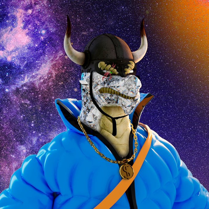 A digital 3D artwork of a character wearing a horned Viking helmet and a white mask with green teeth, dressed in a blue puffy jacket and a gold dollar sign chain against a cosmic galaxy background.