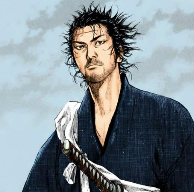 A manga-style illustration of a rugged samurai with messy dark hair, wearing a blue kimono and carrying a sword with a white cloth tied around the hilt.