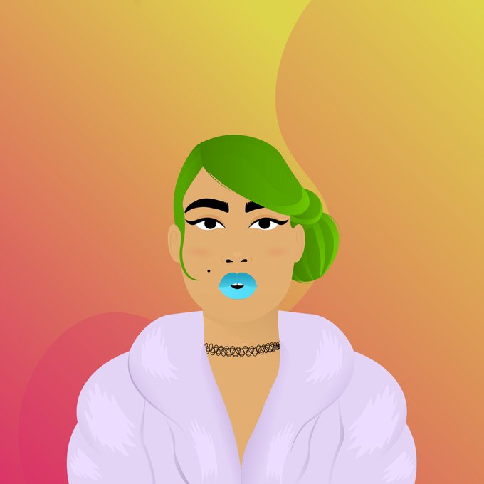 A stylized digital illustration/avatar of a woman with bright green hair in a bun, blue lipstick, a beauty mark, wearing a white fluffy robe and a gold choker necklace, set against a gradient orange and yellow background.