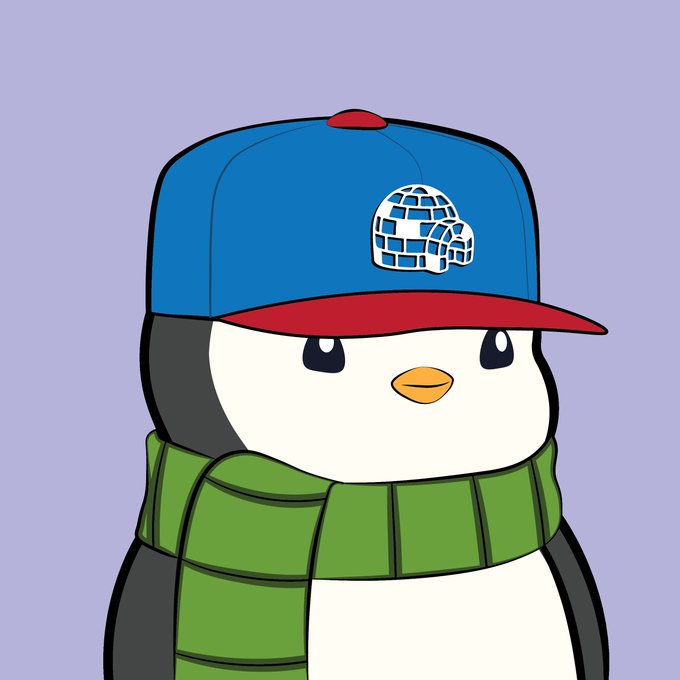 A cartoon illustration of a penguin wearing a blue and red baseball cap with an igloo logo and a green striped scarf against a purple background.