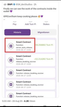 A tweet from @SK_devStudios (@BNPi) showcases a mobile app interface displaying a list of "Smart Contract" functions with transaction IDs and timestamps dated 2026-08-27, with one entry highlighted by a red box reading "Function: server_auto_release," demonstrating that Pi smart contracts are functioning live on Testnet for automatic escrow and payment testing.