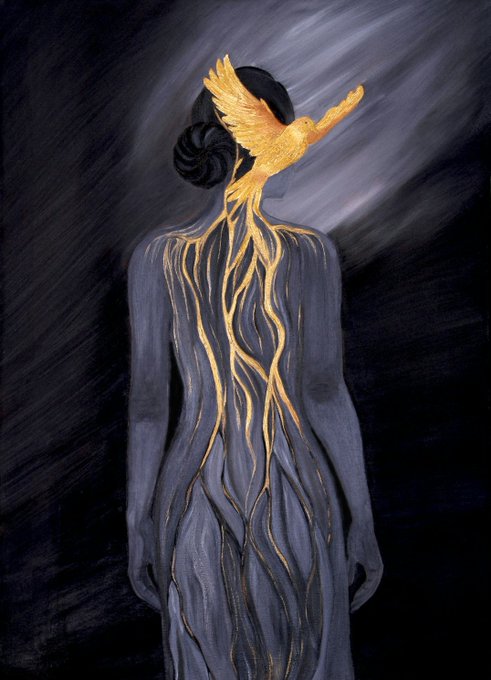 A painting of a figure viewed from behind wearing a long blue dress, with golden roots/vines spreading across the back and a golden bird emerging from the head area.