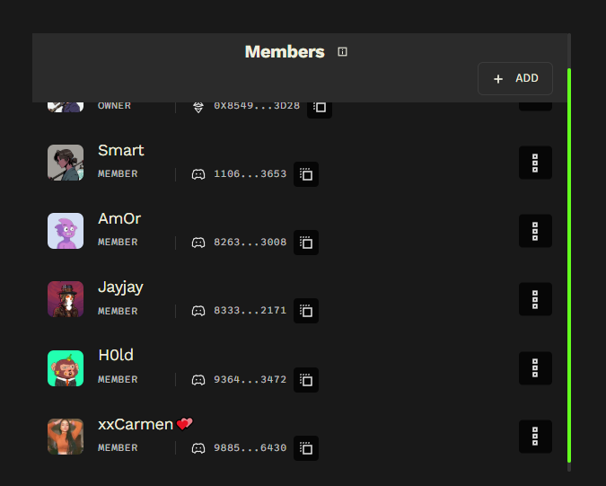 Members list of a Discord or community group showing an Owner and Members including Smart, Am0r, Jayjay, H0ld, and xxCarmen with their associated wallet addresses.