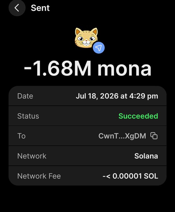 A transaction confirmation screen showing a successful sent payment of -1.68M mona worth ~99 SOL on Solana network to address starting with CwnT...XgDM, with a network fee of less than 0.00001 SOL. The image appears to be shared as supposed proof of payment for a fake Solana airdrop giveaway, a common scam tactic to lure victims into submitting their wallet addresses.