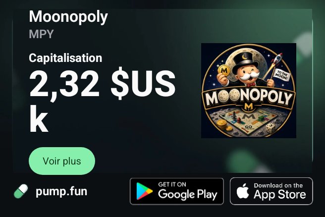 A pump.fun listing for the cryptocurrency token 'Moonopoly' (MPY) showing a market capitalization of $2.32K, featuring a Monopoly-style mascot character.