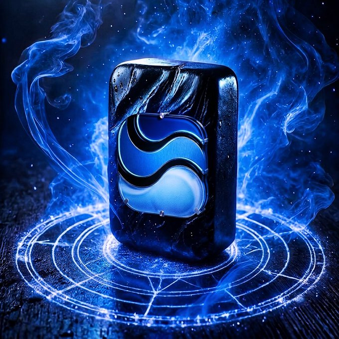 The image features a black square box with a blue design, surrounded by blue smoke that creates an ethereal atmosphere around it. The background of the image is dark, which contrasts with the vibrant colors of the box and smoke. There are no texts or other objects in the image, making the focus solely on the box and its surroundings.