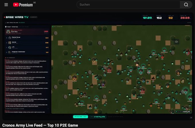 A YouTube Premium live stream titled 'Cronos Army Live Feed — Top 10 P2E Game' showing a Base Wars TV game interface with player rankings and a chat.