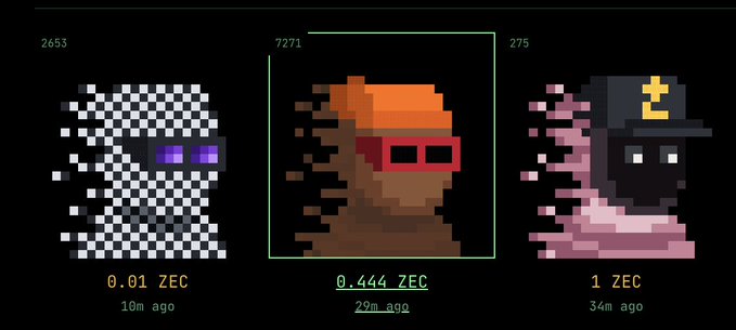 Three pixel-art zombie Zcash avatars are listed for sale, with the leftmost priced at just 0.01 ZEC (10m ago), the middle at 0.444 ZEC (29m ago), and the rightmost at 1 ZEC (34m ago) — illustrating a dramatic floor price spread and highlighting the "fat finger" lowball listing that the author found shocking compared to the other asking prices.