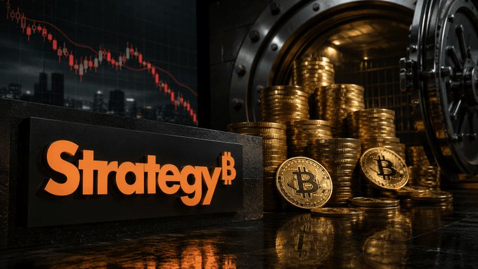 A stack of gold Bitcoin coins spills from a vault next to a sign reading "StrategyB," while a red downward-trending stock chart looms in the background — visually mirroring Strategy's $53 billion Bitcoin treasury alongside its 77-place slide out of the top 300 U.S. public companies by market cap.