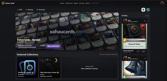 Screenshot of the Xahau Vault website displaying the XahauCards - Genesis collection pack priced at 110 XRP, with activity feed on the right and featured collections below.