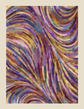 A vibrant, swirling abstract composition of overlapping curved brushstrokes in rich purples, blues, golds, and earthy tones, framed by a cream border—showcasing the NFT artwork being given away in the 2x drop by @TheWaveaArt.