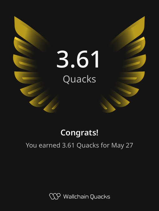The image features a poster with an illustration of a bird's wing, which has the number 3.61 printed below it. The text "Congratulations! You earned 3.61 Quacks for May 27" is also present on the poster. This suggests that the person who earned these Quacks has achieved something noteworthy or accomplished a goal related to the Quacks game.
