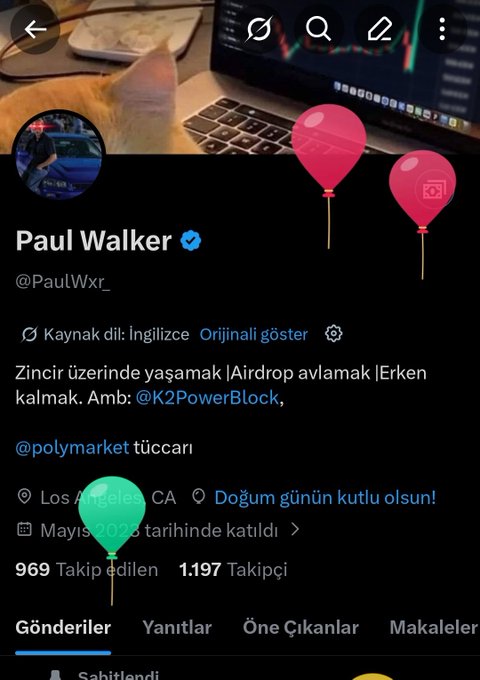 The image shows a social media post with a profile picture of a person wearing an orange shirt sitting at a desk next to a laptop computer. The post includes a message from someone named Paul Walker, who has just leveled up their age by one more block in the game Wishing for health, family, and my Bitcoin to stay strong by their side this year.