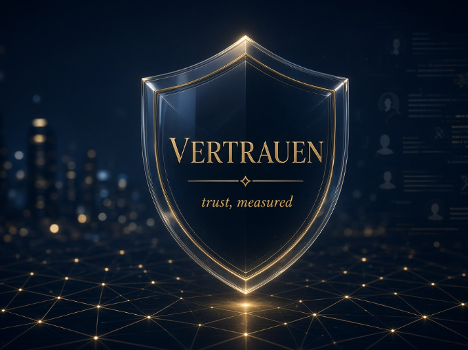 A transparent shield with "Vertrauen" and "trust, measured" inscribed on it, illuminated against a glowing blue digital grid and a cityscape backdrop, symbolizing the KRED_info team's rebranding to Vertrauen Protocol—a name reflecting their mission to make trust quantifiable.