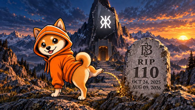A digital artwork features a Shiba Inu dog wearing an orange hoodie standing beside a tombstone inscribed with 'RIP 110 OCT 24, 2025 AUG 09, 2026', set against a dramatic mountainous backdrop with a 'RIP' emblem on a peak.