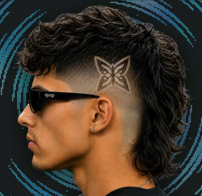 A side profile of a man wearing Quip sunglasses with a mullet hairstyle and a butterfly-shaped shaved design on the side of his head, set against a teal dotted background.