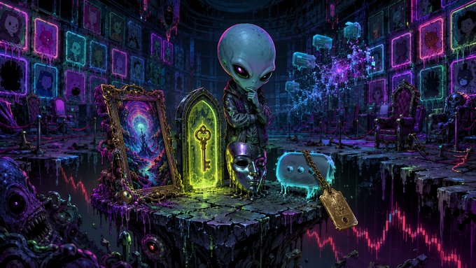A dark, surreal digital artwork depicting a grey alien standing on a floating platform surrounded by glowing portals, neon frames, and abstract cosmic elements in purple and blue tones.