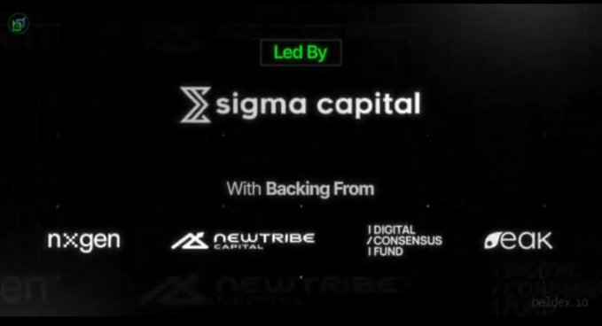 A presentation slide displaying 'Led By sigma capital' with 'Backing From' logos including nxgen, NewTribe Capital, Digital Consensus Fund, and peak, from a Dexalot.io event.