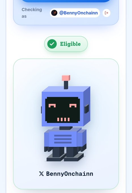 A digital eligibility check screen confirming a user (@BennyOnchainn) is eligible, displaying a blue pixelated robot NFT avatar with the name 'BennyOnchainn' below it.