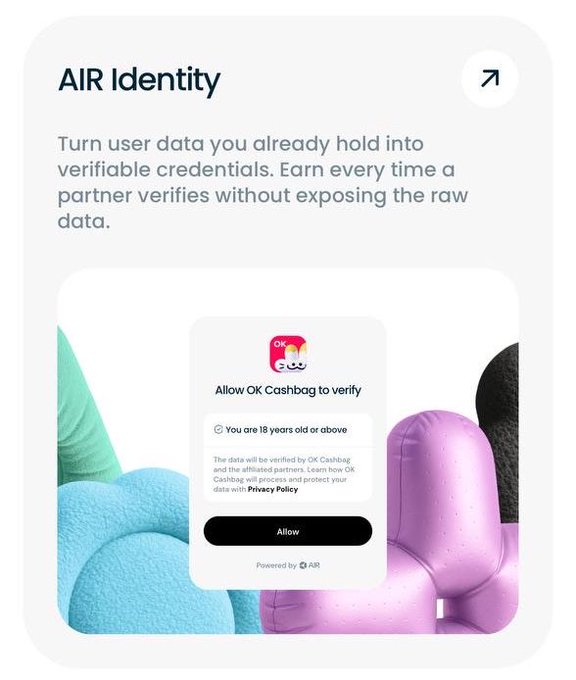 The image showcases "AIR Identity," a feature from Moca Network that converts user data into verifiable credentials, allowing partners to verify information (like age verification for OK Cashbag) without exposing raw data. This illustrates the post's point about AIR being the onboarding mechanism that brings businesses and users onto Moca Chain's identity infrastructure rails as AI agents increasingly act on users' behalf.
