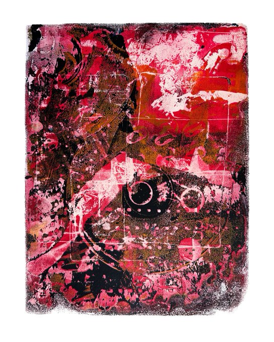 An abstract mixed-media artwork in red, pink, black, and white tones featuring textured patterns, grid lines, and what appears to be a stylized camera or mechanical element.