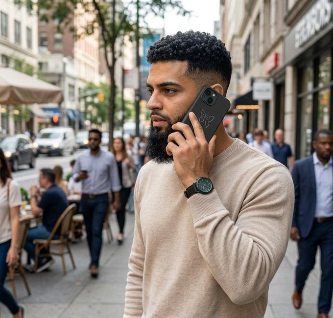 A bearded man in a beige sweater stands on a busy city sidewalk, holding a black smartphone with a butterfly design to his ear while wearing a black wristwatch.