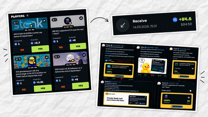 A collage of prediction market screens showing various user posts with YES/NO voting buttons and a $84.58 payment receipt.