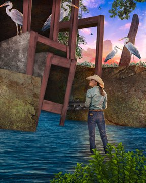A cowboy-hatted figure wades through flooded ruins, reaching toward a floating piano surrounded by great blue herons, embodying the artist's surreal vision of everyday human strangeness—posted alongside an NFT auction starting at 0.15 ETH each.