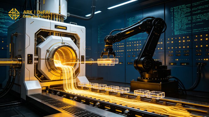 A futuristic industrial scene shows a robotic arm transferring glowing golden data streams from a high-tech furnace onto a conveyor belt, with the text "ARK | DeFAI" and "Code Our Future" visible in the upper left. The image visually represents the post's theme of AI transforming raw intelligence into executable value, with the molten golden data symbolizing ideas being forged into real, usable output through the ARK DeFAI system.