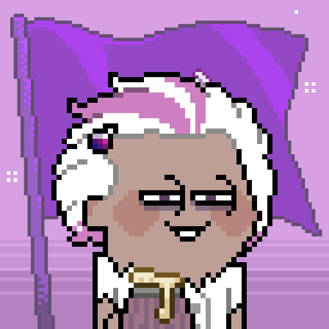 The image features a cartoon character wearing a white shirt and has a big smile on their face. The character appears to be holding a cup, which could possibly contain coffee or tea. The background of the image consists of purple and pink colors, with a flag visible in the top left corner. The caption provided after the image reads: "Exploring @madscientists_x NFTs and @osmosis DEX. This vital collection powers bold experiments blending digital art with DeFi innovation."