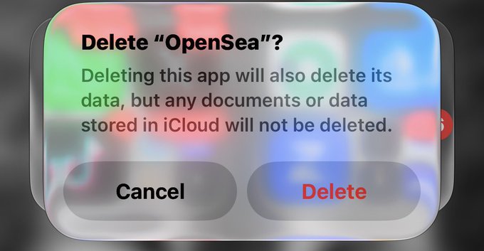 A close-up of an iOS deletion confirmation prompt asking 'Delete "OpenSea"?' with warning text about data deletion and buttons to 'Cancel' or 'Delete'.
