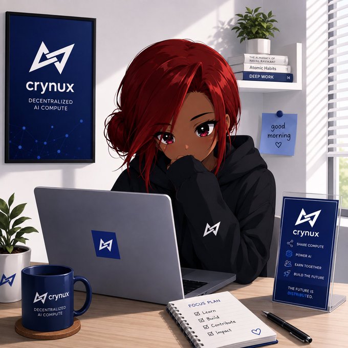 An anime-style illustration of a red-haired woman working at a laptop in a sunlit room, with 'Crynux - Decentralized AI Compute' branding on a poster, laptop sticker, mug, brochure, and notebook titled 'Focus Plan'.